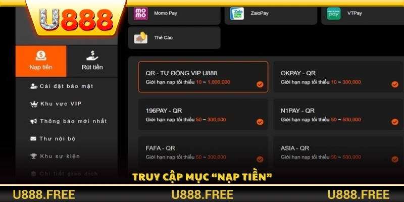 Chọn tính năng “Nạp tiền U888” trong giao diện chính 